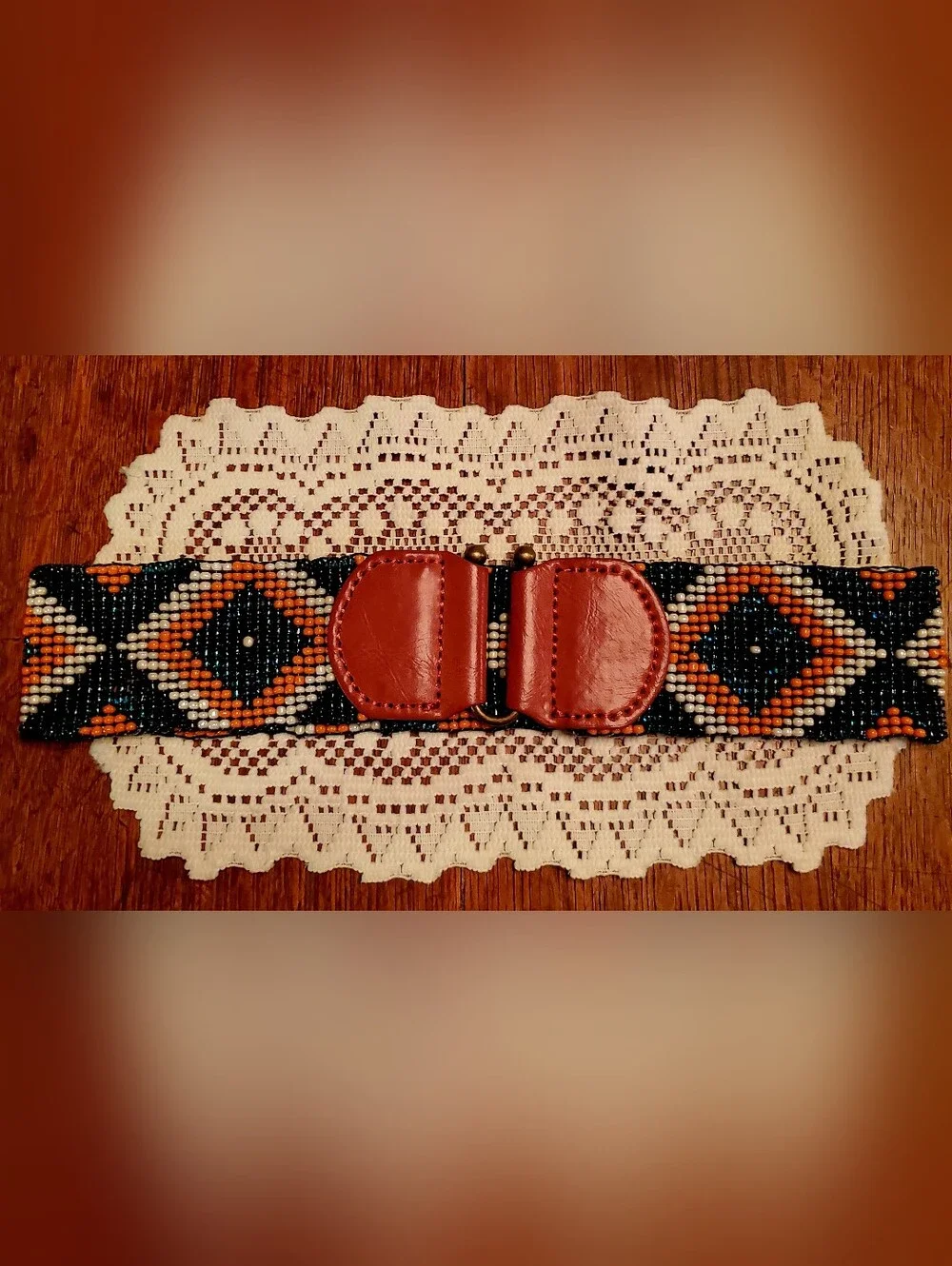 Beaded Stretch Waist Belt with Brown Leather